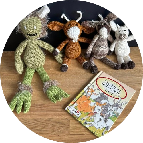 Swindon Big Knit story sacks created for the community project with knitted items and books together